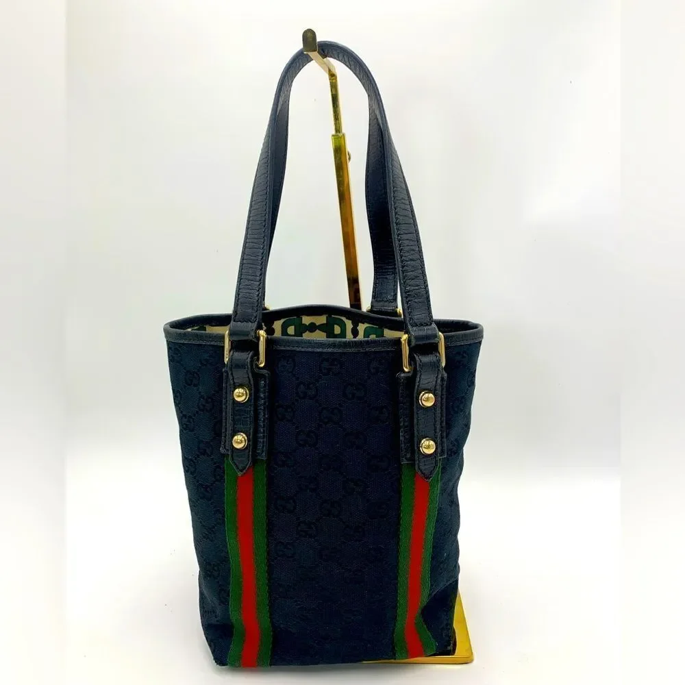 Gucci Small Black GG Canvas Sherry Line Jolicoeur Bucket Tote Bag Gold Charms